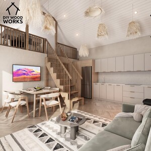 May include: A modern living room with a light wood staircase, a large flat screen TV, a dining table with chairs, a couch, a coffee table, and a kitchen with white cabinets. The room has a high ceiling with a wood plank ceiling and several woven light fixtures.