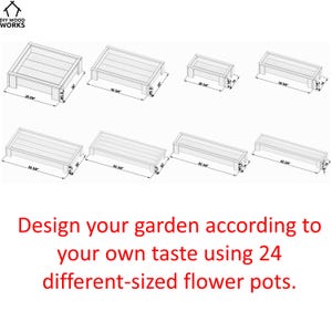 Op de afbeelding: Een lijntekening van 24 rechthoekige bloempotten in verschillende maten. De tekst "DIY WOOD WORKS" staat in de linkerbovenhoek. De tekst "Design your garden according to your own taste using 24 different-sized flower pots." staat onderaan de afbeelding.