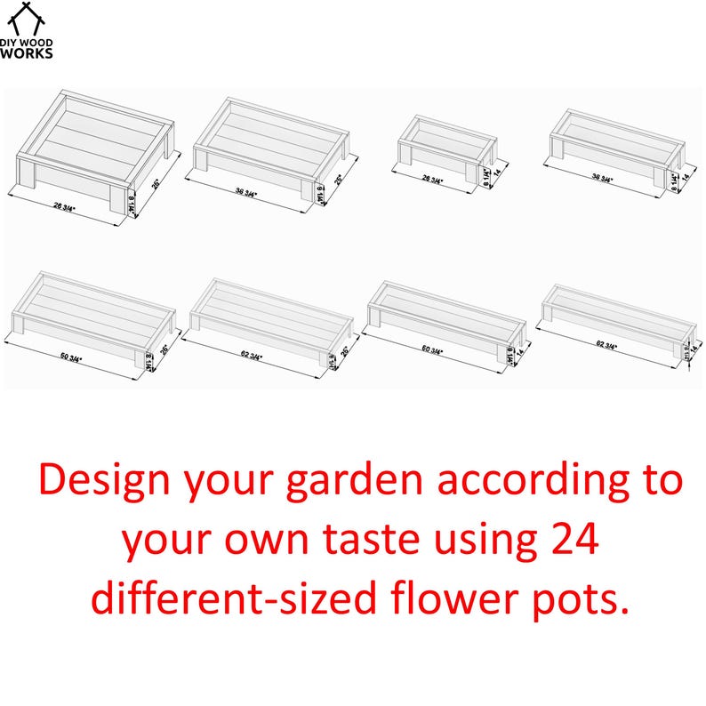 Op de afbeelding: Een lijntekening van 24 rechthoekige bloempotten in verschillende maten. De tekst "DIY WOOD WORKS" staat in de linkerbovenhoek. De tekst "Design your garden according to your own taste using 24 different-sized flower pots." staat onderaan de afbeelding.