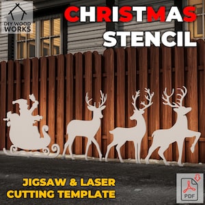 Puede incluir: Un juego de plantillas navideñas con Papá Noel en su trineo y tres renos. Las plantillas son blancas y están diseñadas para cortar con sierra de calar y láser. El texto "CHRISTMAS STENCIL" se muestra en rojo y blanco.