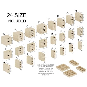 May include: Diagram showing 24 different sizes of cardboard drawer units. Each unit is labeled with a letter and has dimensions in inches. The text "24 SIZE INCLUDED" is at the top of the diagram.