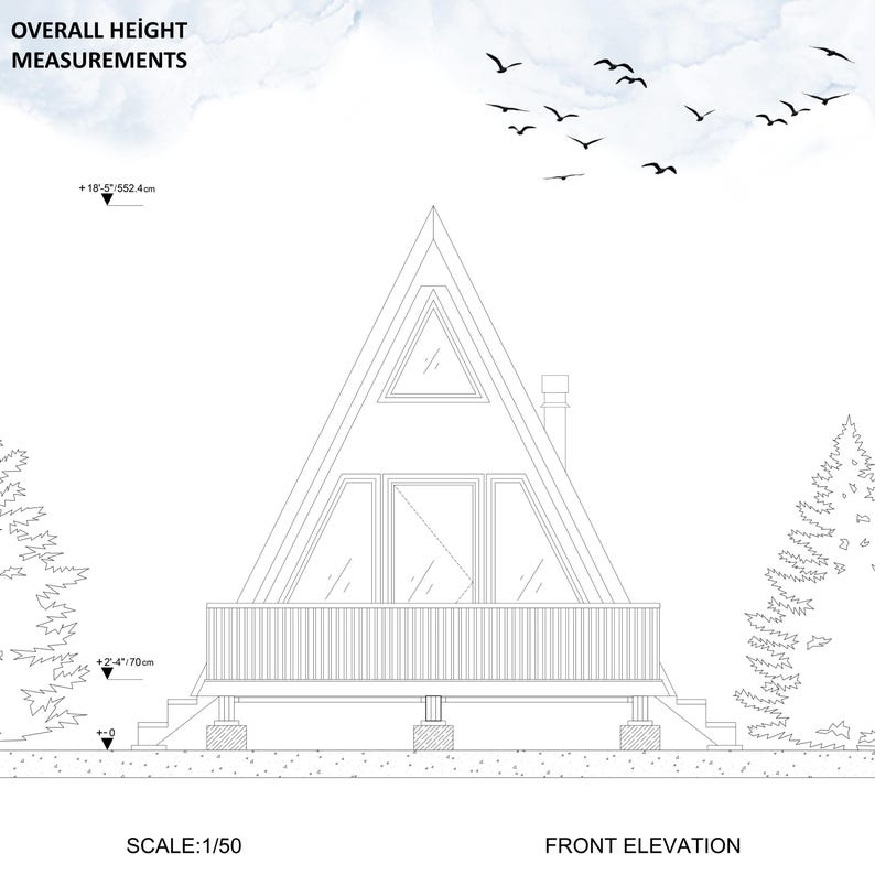 May include: Line drawing of a A-frame house with a front elevation view. The house has a large window, a deck, and a chimney. The drawing includes measurements in inches and centimeters. The text "SCALE: 1/50" and "FRONT ELEVATION" are included in the drawing.