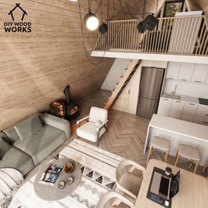 May include: A modern, minimalist cabin interior with a loft bedroom, a wood-burning stove, a couch, a chair, a coffee table, a rug, a dining table, and a laptop. The cabin has a wood-paneled wall with the text "DIY WOOD WORKS" on it.