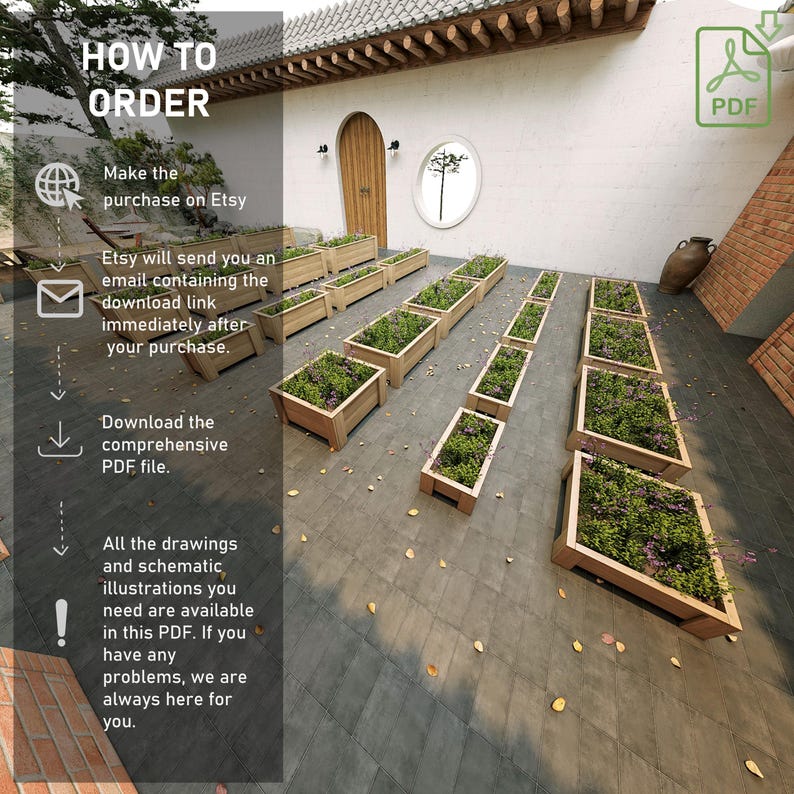 Op de afbeelding: Een gids over het bestellen van een digitale download van Etsy. De afbeelding toont een patio met houten plantenbakken gevuld met planten. De tekst op de afbeelding legt de stappen uit om het digitale bestand te downloaden na aankoop.
