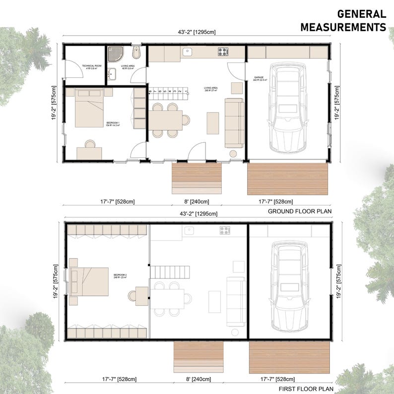 May include: A black and white floor plan of a house with two levels. The ground floor plan shows a living room, dining room, kitchen, and garage. The first floor plan shows a bedroom, dining room, and living room. The dimensions of each room are labeled in both feet and centimeters.