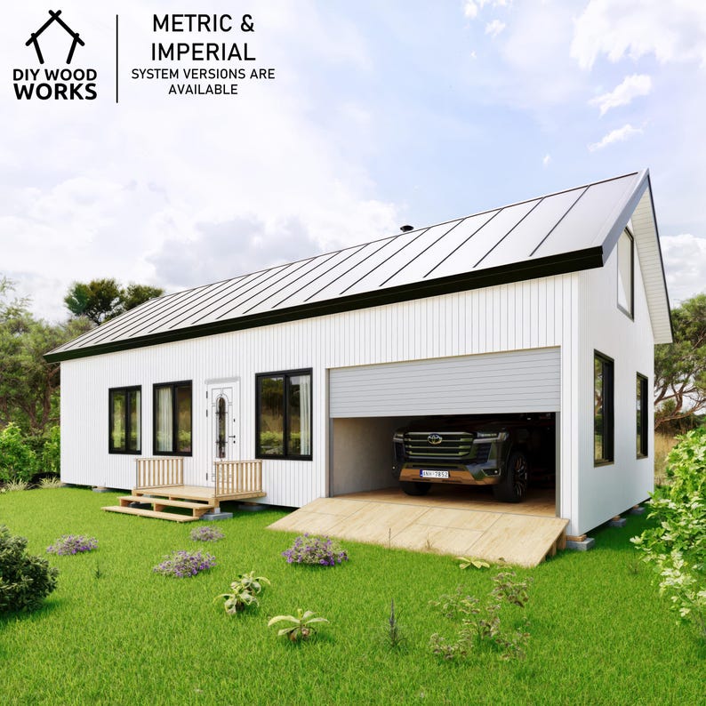 May include: A white single-story house with a black roof and a garage door. The house has a wooden porch and a black truck is parked in the garage. The house is surrounded by green grass and trees.