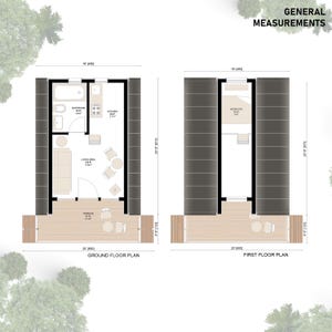 May include: Floor plan of a small house with a living area, bathroom, kitchen, bedroom, and a terrace. The ground floor plan shows a living area with a couch, two chairs, and a coffee table. The bathroom has a toilet, sink, and shower. The kitchen has a stove, sink, and cabinets. The first floor plan shows a bedroom with a bed and a dresser. The house is 16 feet wide and 20 feet long.
