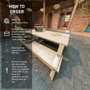 May include: How to order a digital download on Etsy. The image shows a wooden table with a person sitting at it. The text on the image explains the steps to purchase and download a digital file.