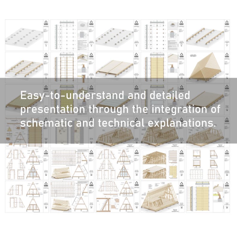 May include: A set of detailed diagrams showing the construction of a wooden A-frame house. The diagrams include both 3D renderings and 2D plans, with measurements and labels. The text "Easy-to-understand and detailed presentation through the integration of schematic and technical explanations." is included in the image.