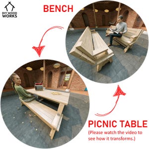 May include: A wooden bench that transforms into a picnic table. The bench is made of natural wood and has a simple design. The bench is shown in a courtyard setting.