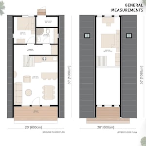 May include: A floor plan for a two-story house with a total of 36 feet in height. The ground floor plan shows a living area, kitchen, bathroom, bedroom, and terrace. The upper floor plan shows a bedroom. The dimensions of the house are 20 feet by 36 feet.