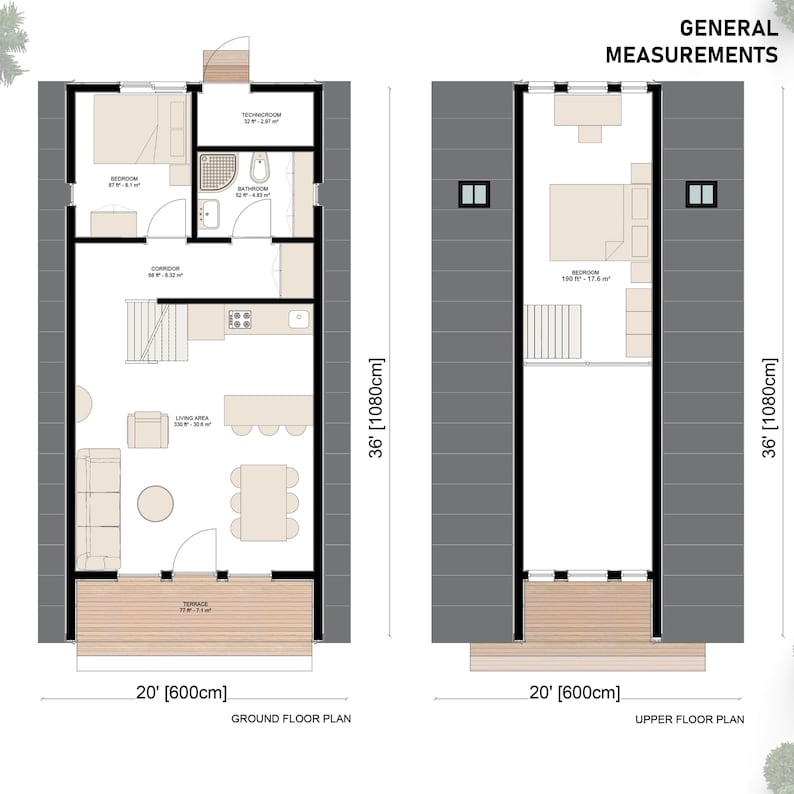 May include: A floor plan for a two-story house with a total of 36 feet in height. The ground floor plan shows a living area, kitchen, bathroom, bedroom, and terrace. The upper floor plan shows a bedroom. The dimensions of the house are 20 feet by 36 feet.
