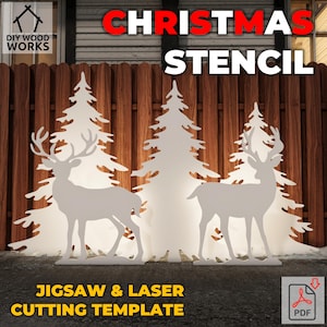 May include: White Christmas stencil featuring deer and trees. The words "CHRISTMAS STENCIL" are in red. The words "JIGSAW & LASER CUTTING TEMPLATE" are in yellow. The DIY Wood Works logo is in the upper left corner.