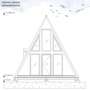 May include: Line drawing of a A-frame house with a total height of 21'3" (638 cm). The house has a large window in the front and two smaller windows on each side. The house is sitting on a concrete foundation.