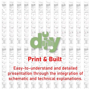 Op de afbeelding: Een verzameling van printbare doe-het-zelfplannen met de tekst "diy Print & Built Easy-to-understand and detailed presentation through the integration of schematic and technical explanations."