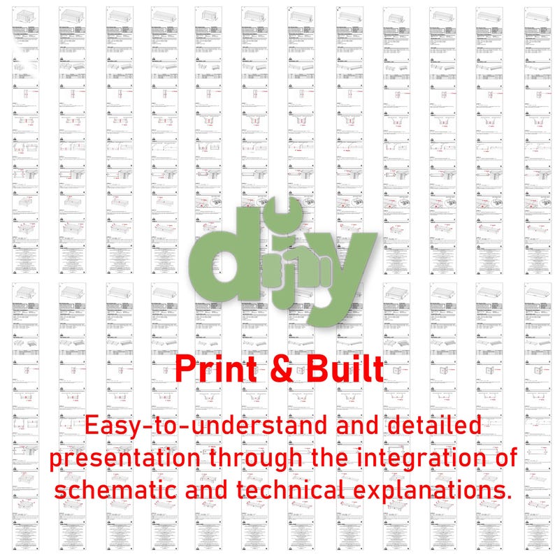Op de afbeelding: Een verzameling van printbare doe-het-zelfplannen met de tekst "diy Print & Built Easy-to-understand and detailed presentation through the integration of schematic and technical explanations."