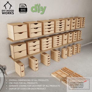May include: A set of 18 wooden drawer organizers in various sizes. Each drawer is numbered in the corners to help with assembly. The organizers are made of unfinished wood and can be stained or painted to match any decor.