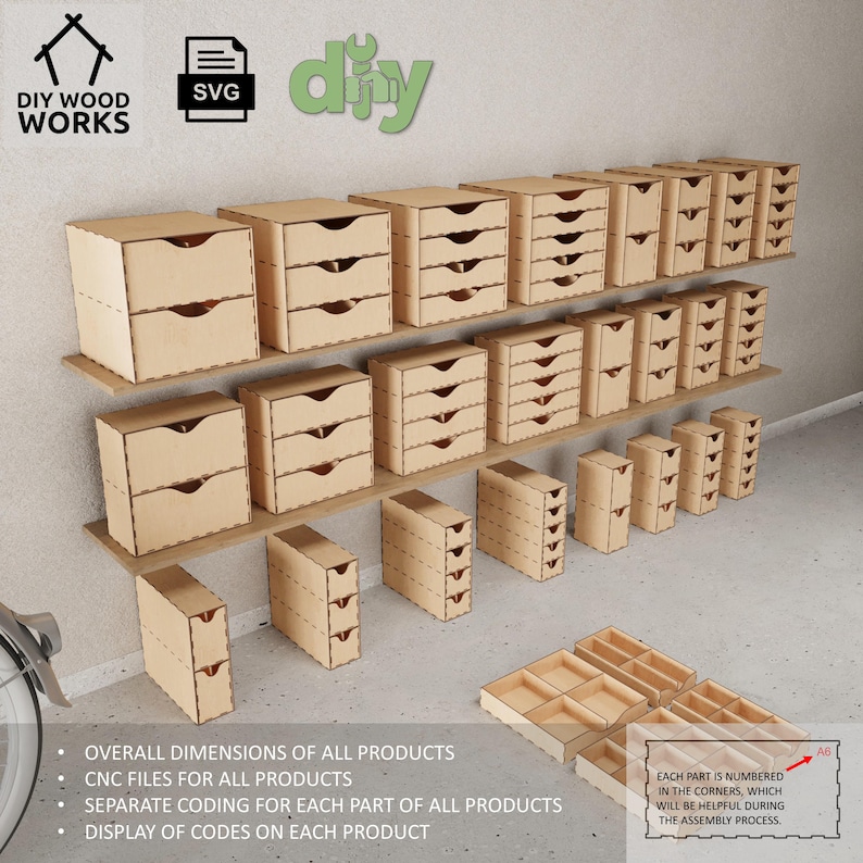 May include: A set of 18 wooden drawer organizers in various sizes. Each drawer is numbered in the corners to help with assembly. The organizers are made of unfinished wood and can be stained or painted to match any decor.