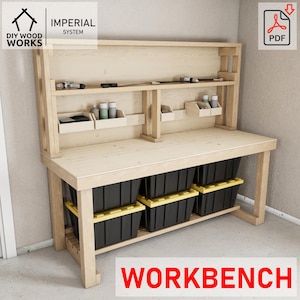 DIY workbench plans | Sturdy wooded work bench for workshop & garage | Custom garage table plan with storage solutions