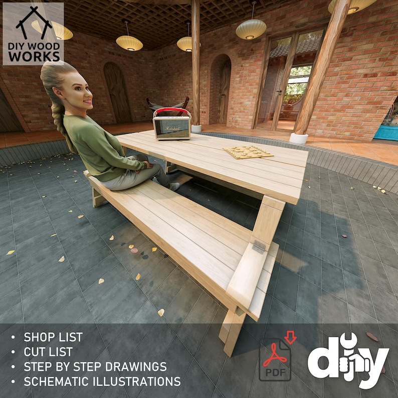 May include: A DIY woodworking project plan for a wooden picnic table with benches. The plan includes a shop list, cut list, step-by-step drawings, and schematic illustrations. The plan is available as a PDF download. DIY Wood Works.