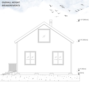 May include: Line drawing of a house with a gable roof, two windows, and a chimney. The house is 18 feet 10 inches tall and 11 feet 8 inches wide. The foundation is 1 foot 4 inches high.
