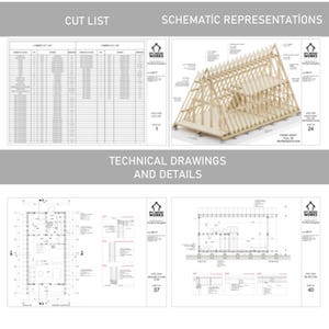 May include: A set of technical drawings for a small house. The drawings include a cut list, schematic representations, and floor plans. The drawings are labeled with the text "DIY Wood Works".