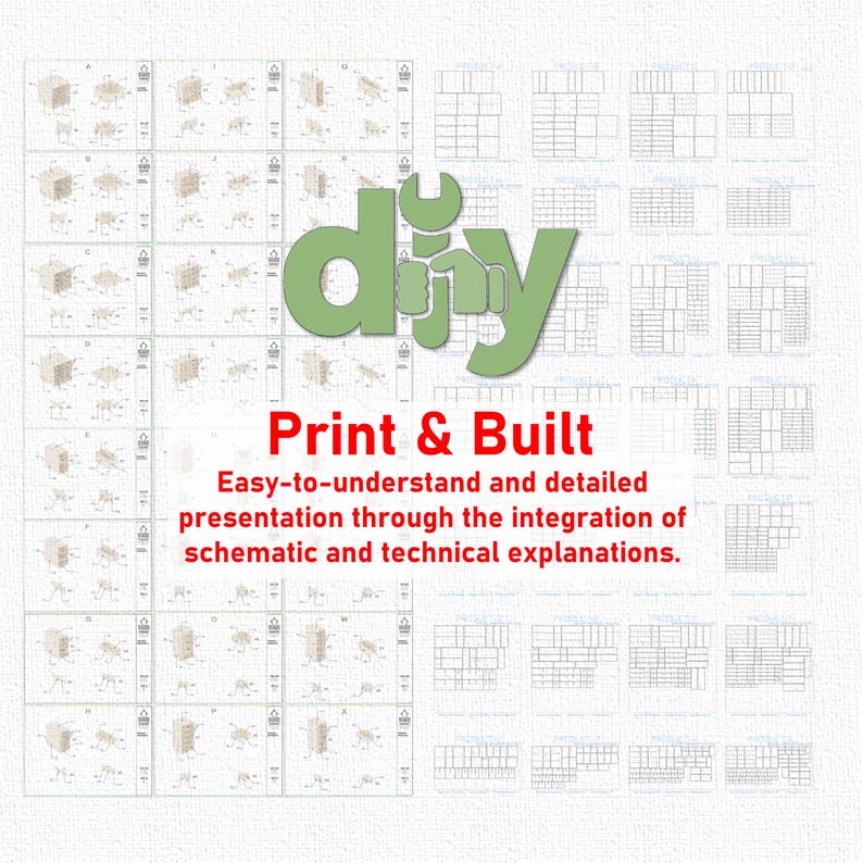 May include: A set of detailed diagrams and instructions for a DIY project. The diagrams are black and white and show the steps for building a project. The text "Print & Built" is in red and says "Easy-to-understand and detailed presentation through the integration of schematic and technical explanations."