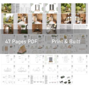 May include: A 47-page PDF guide for building a small, triangular-shaped house. The cover image shows a 3D rendering of the house with a wooden exterior and a large window. The text "47 Pages PDF Print & Built" is displayed on the cover.