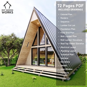 May include: A 72-page PDF digital download of architectural plans for a modern A-frame house. The plans include colored renderings, floor plans, elevations, and details for building a house.