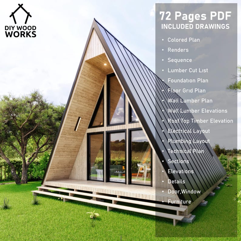 May include: A 72-page PDF digital download of architectural plans for a modern A-frame house. The plans include colored renderings, floor plans, elevations, and details for building a house.