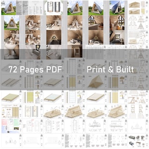 May include: A set of 72 pages of PDF plans for building a small A-frame cabin. The plans include detailed diagrams and instructions for constructing the cabin, including the foundation, framing, roof, and interior finishes. The plans are titled "Print & Built".