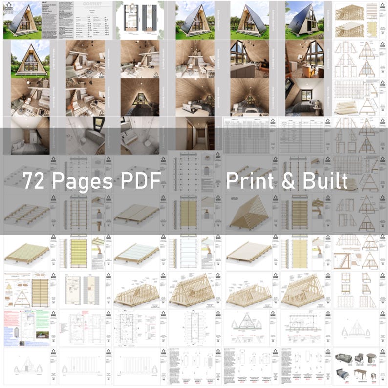 May include: A set of 72 pages of PDF plans for building a small A-frame cabin. The plans include detailed diagrams and instructions for constructing the cabin, including the foundation, framing, roof, and interior finishes. The plans are titled "Print & Built".