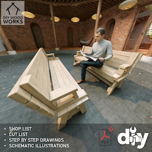 May include: DIY Wood Works plans for building a wooden bench with a person sitting on it. The plans include a shop list, cut list, step-by-step drawings, and schematic illustrations. PDF download.
