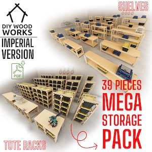 Può includere: Un set di 39 mensole e scaffali porta contenitori in legno. Le mensole sono realizzate in compensato e hanno una finitura in legno naturale. Gli scaffali porta contenitori sono progettati per contenere contenitori di stoccaggio in plastica. Il set include istruzioni per la costruzione delle mensole e degli scaffali. DIY Wood Works Versione Imperiale.