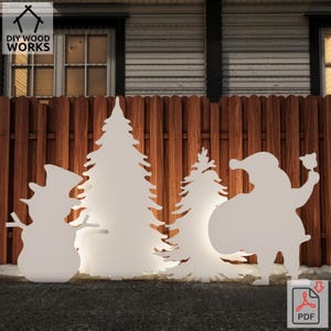 May include: White wooden Christmas yard decorations featuring a snowman, two fir trees, and Santa Claus. The silhouettes stand in front of a wooden fence. The text "DIY WOOD WORKS" is in the upper left corner.