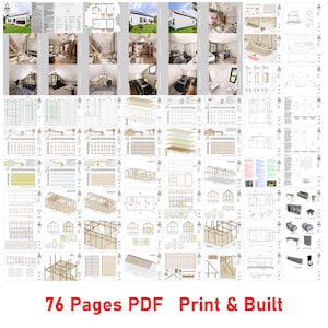May include: A 76-page PDF blueprint for building a small house. The blueprint includes detailed plans for the framing, roof, and interior. The plans are printed in black and white on white paper. The text "76 Pages PDF Print & Built" is printed in red at the bottom of the image.