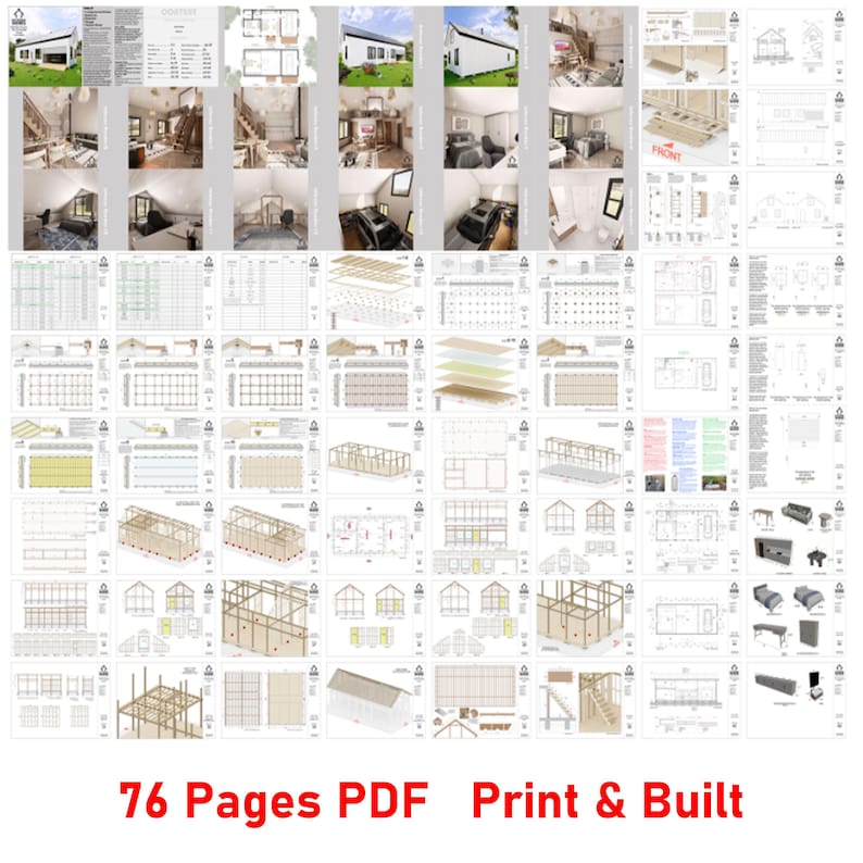 May include: A 76-page PDF blueprint for building a small house. The blueprint includes detailed plans for the framing, roof, and interior. The plans are printed in black and white on white paper. The text "76 Pages PDF Print & Built" is printed in red at the bottom of the image.