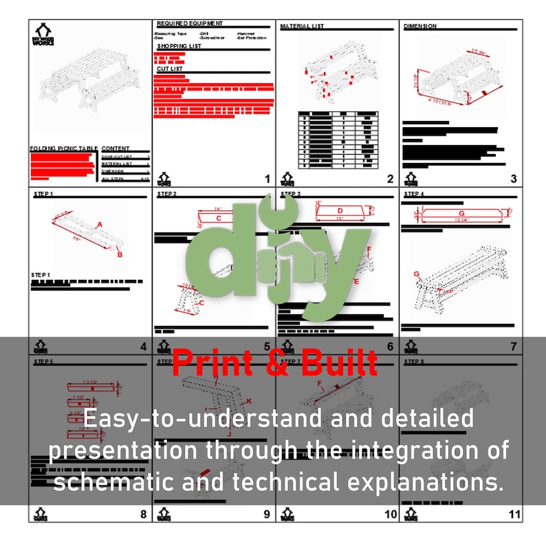May include: A DIY project instruction sheet for building a folding picnic table. The instructions are illustrated with diagrams and include a materials list, required equipment, and dimensions. The text includes the words "Print & Built".