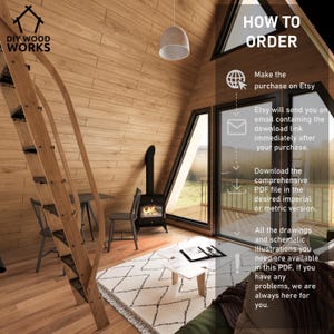 May include: A wooden cabin interior with a ladder, a wood-burning stove, and a window overlooking a green field. The text "HOW TO ORDER" is displayed with instructions on how to purchase and download digital plans for the cabin.