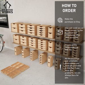 May include: DIY Wood Works instructions for building a set of wooden drawer organizers. The image shows a variety of drawer organizers in different sizes, along with instructions on how to order the digital download.