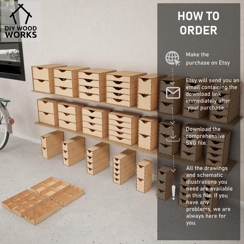 May include: DIY Wood Works instructions for building a set of wooden drawer organizers. The image shows a variety of drawer organizers in different sizes, along with instructions on how to order the digital download.