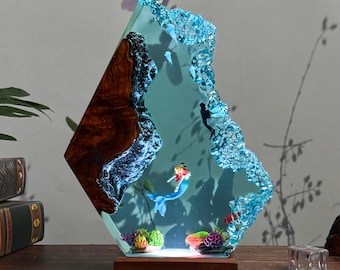 Mermaid Night Light Resin Lamp – Epoxy Ocean Art with Coral Reef & Dolphins, LED Wood Base Underwater Fantasy Decor