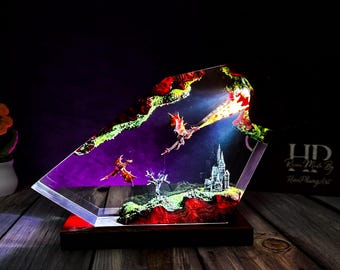 Lámpara de resina Dragón de Fuego – Diorama de fantasía con luz LED, luz nocturna decorativa de dragón, regalo mágico de resina para exhibición