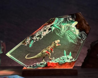 Jurassic T-Rex Resin Lamp – Dinosaur Night Light, Prehistoric Diorama Decor, Unique Dinosaur Gift for Him & Kids