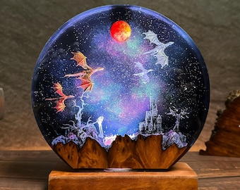 Lampka nocna Dragon Moon – ręcznie robiona lampa z żywicy z motywem zamku – fantastyczny prezent dekoracyjny LED