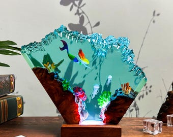 Mermaid Resin Lamp – Underwater Epoxy Art Light with Coral Reef & Jellyfish, LED Wood Base Ocean Fantasy Decor Gift