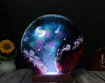 Galaxy Resin Art Lamp with Astronaut – Handmade Epoxy Space Scene Light