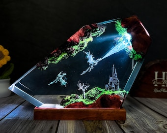 Lámpara de Dragón – Lámpara de resina de batalla en el castillo del dragón de hielo, luz nocturna de fantasía, arte en resina hecho a mano, decoración de cristal LED, regalo para amantes de los dragones