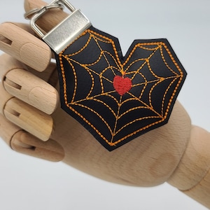 Heart Keychain- Puffy Heart- Spiderweb Heart Key Holder- Valloween Keyring- Valentine Keyfob