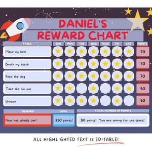 Editable Rocket Reward Chart, Space Theme, Chore Chart, Printable Template, Digital Reward Chart ...